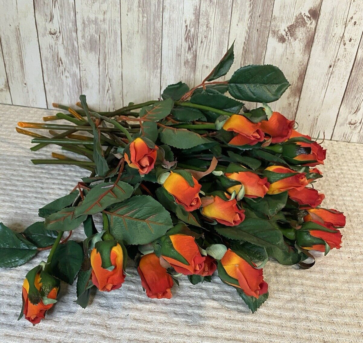 Orange Red Realistic Faux Single Rose Bud With Stem Silk Flower 18″ stem 2″ x1″