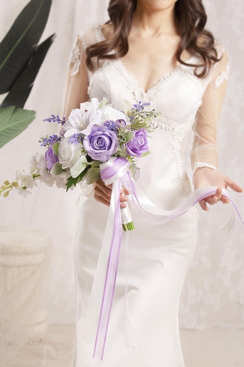Floinla Bridal Bouquet Cascading, Lilac Purple & White Wedding Bouquets for B…