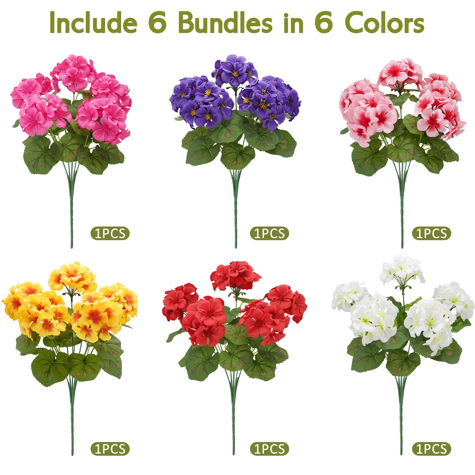 Artificial Geraniums Silk Artificial Flowers for Outdoor Indoor, 6 Mixed Colors