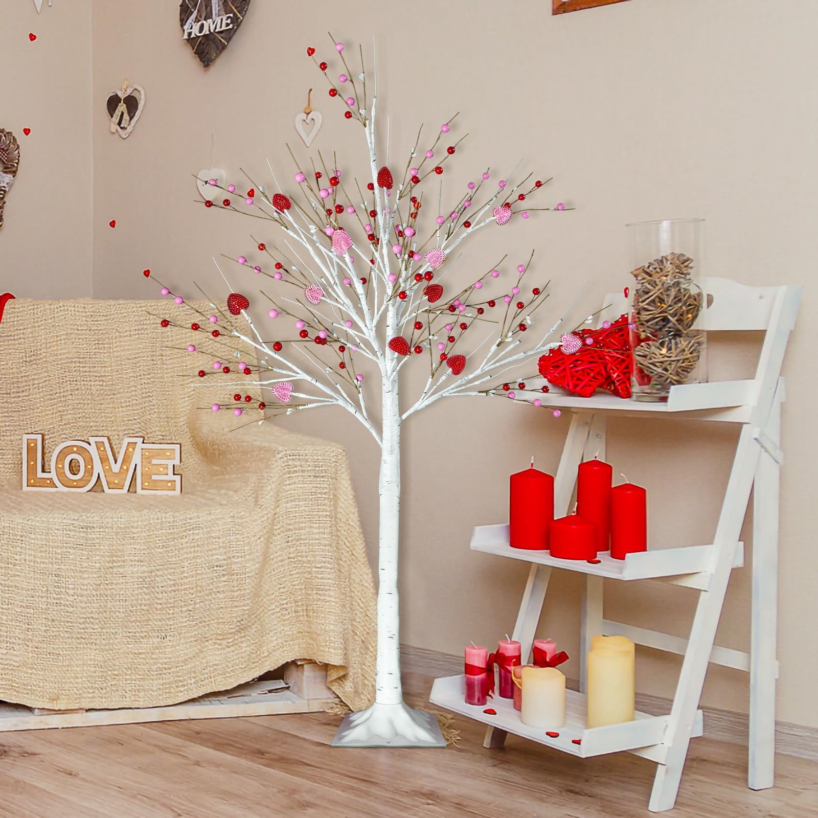 4 FT Lighted Valentines Day Artificial Birch Tree 48 LED Red Pink Heart