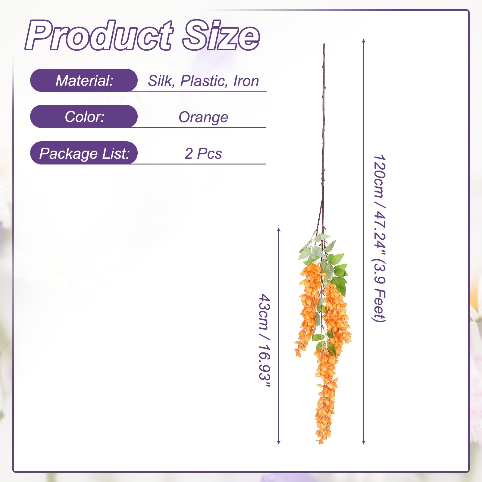 2 Pcs Artificial Wisteria Hanging Flowers 3.9 ft Fake Hanging Floral Orange