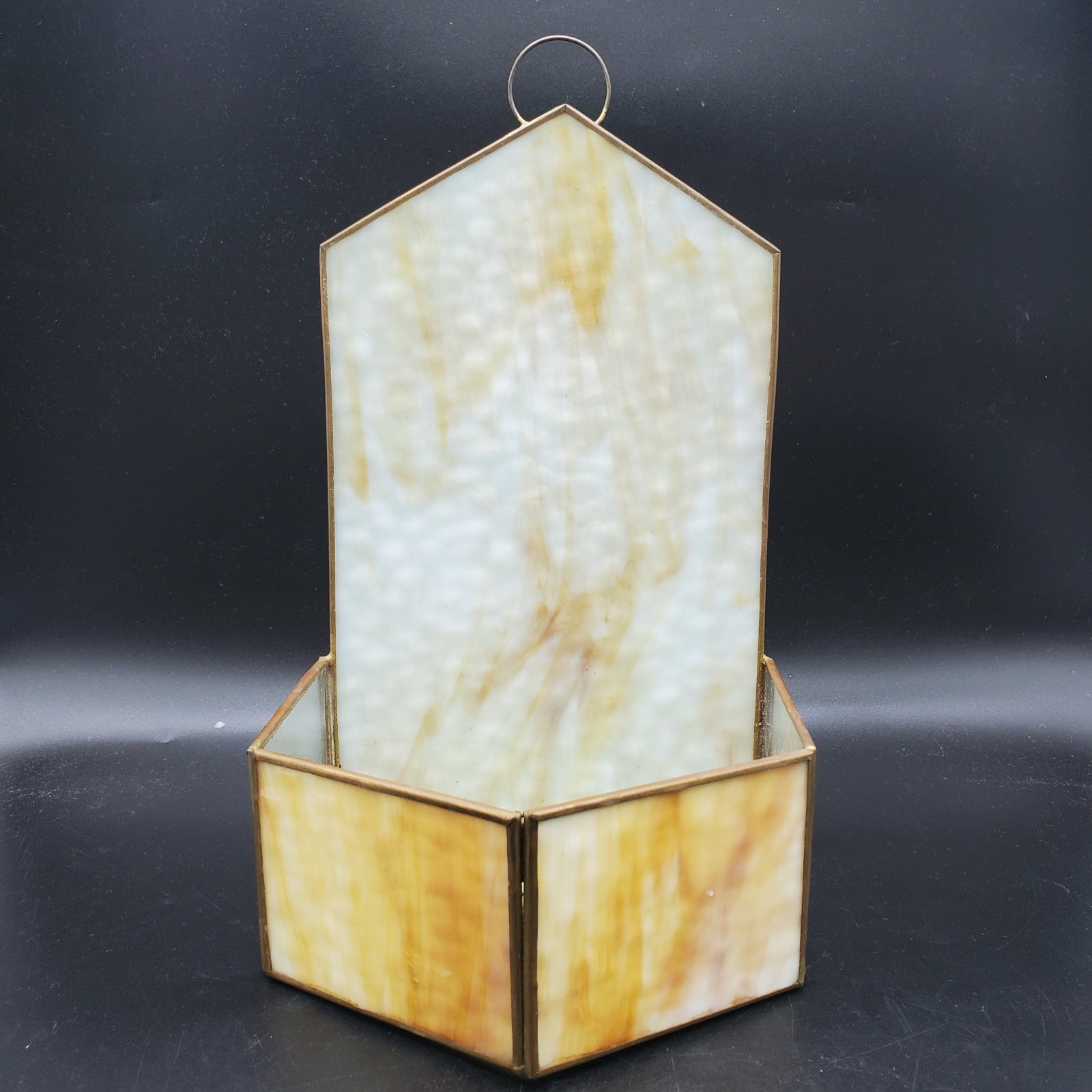 VTG STAINED SLAG GLASS TERRARIUM PLANT CANDLE DECOR MCM FREE STANDING READ***