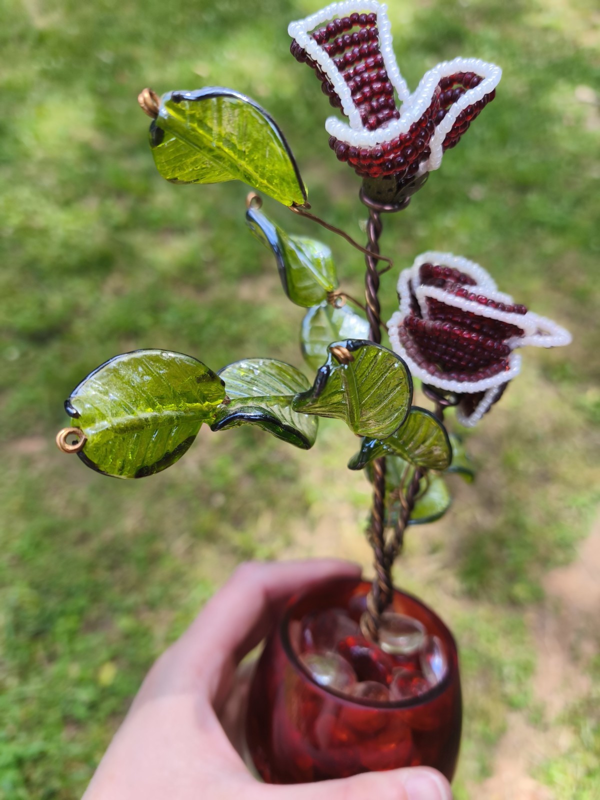 Vintage Handmade Beaded Rose Flower Arrangement Glass Vase Floral Decor