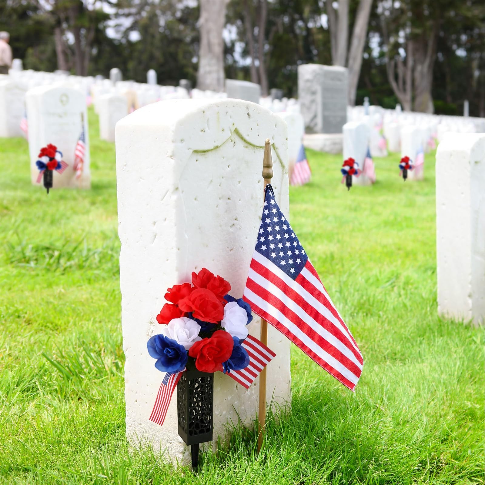4 Pack Artificial Flowers for Cemetery 4th of July Red White Blue Flowers wit…