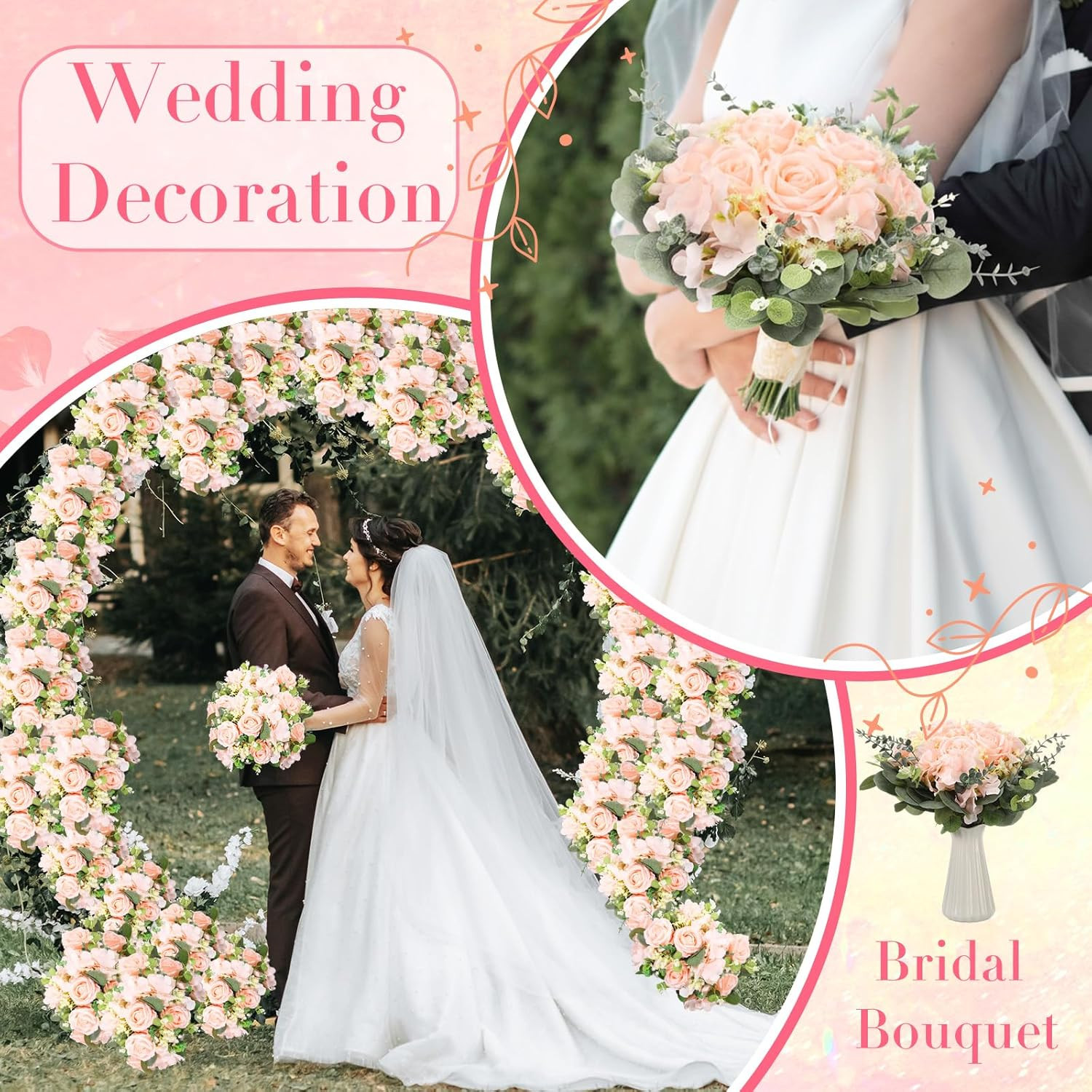 310 Pcs Pink Artificial Rose & Hydrangea Bouquet for Wedding Decor