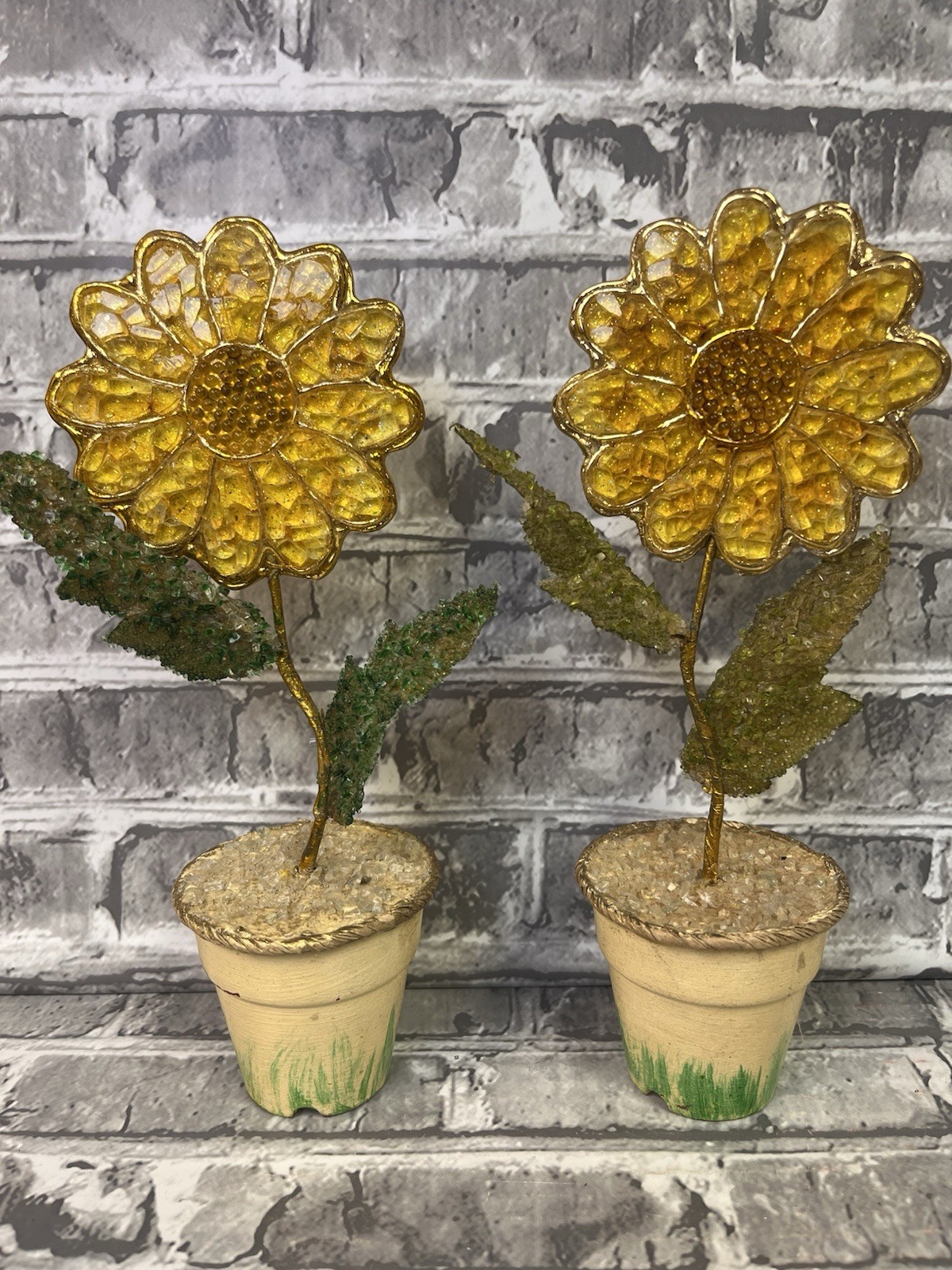 Lot Of 2 Potted Sunflowers Glitter Fused Crushed/Broken Glass