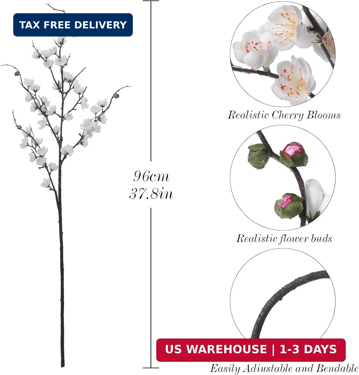 Artificial White Cherry Blossom Branches 3Pcs 37.8″ Faux Silk Cherry Blossom, Fa