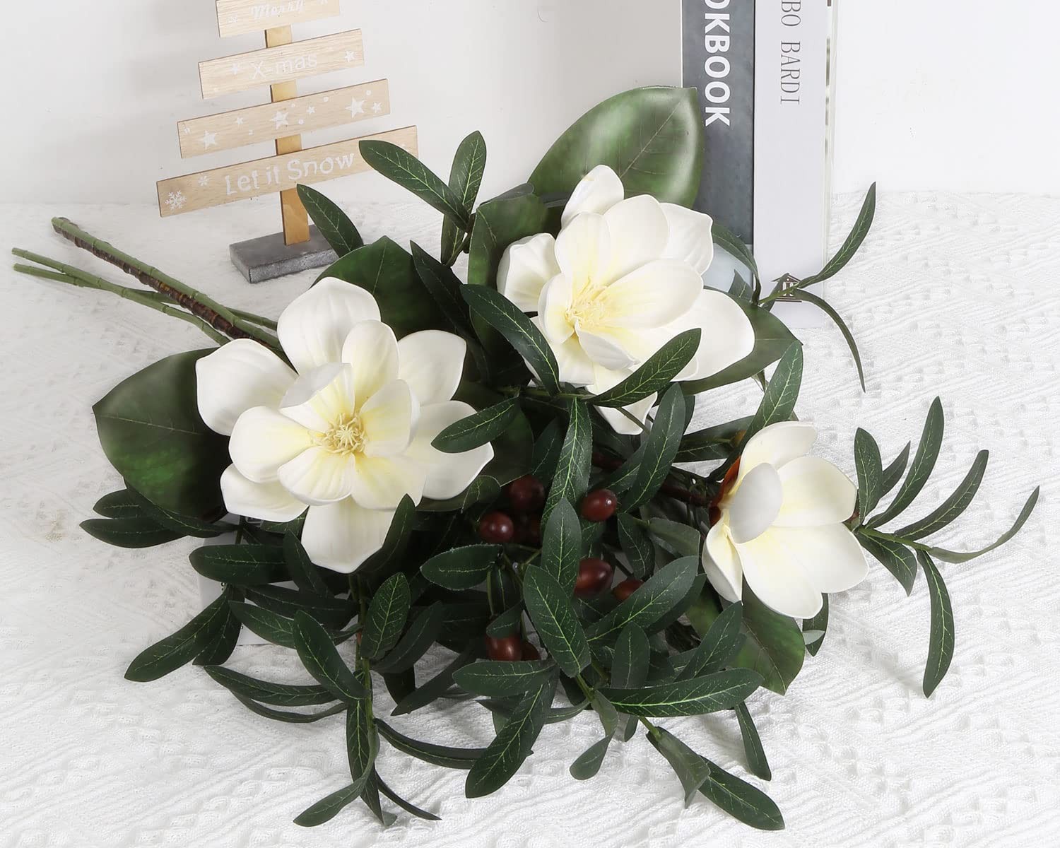 White Silk Magnolia Flowers with Olive Branches for Vases Real Touch White Fl…