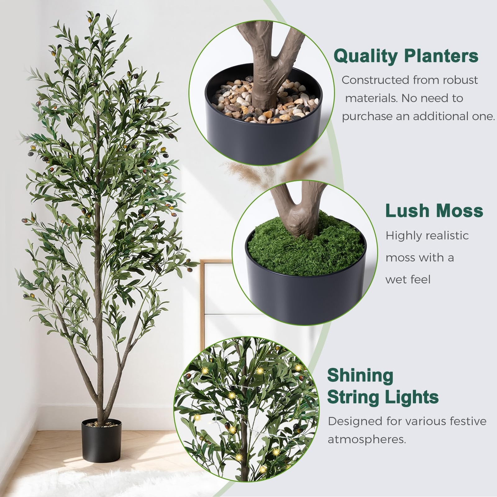 Olive Trees Artificial Indoor, 5FT Tall Faux Olive Tree with Lights Moss and …
