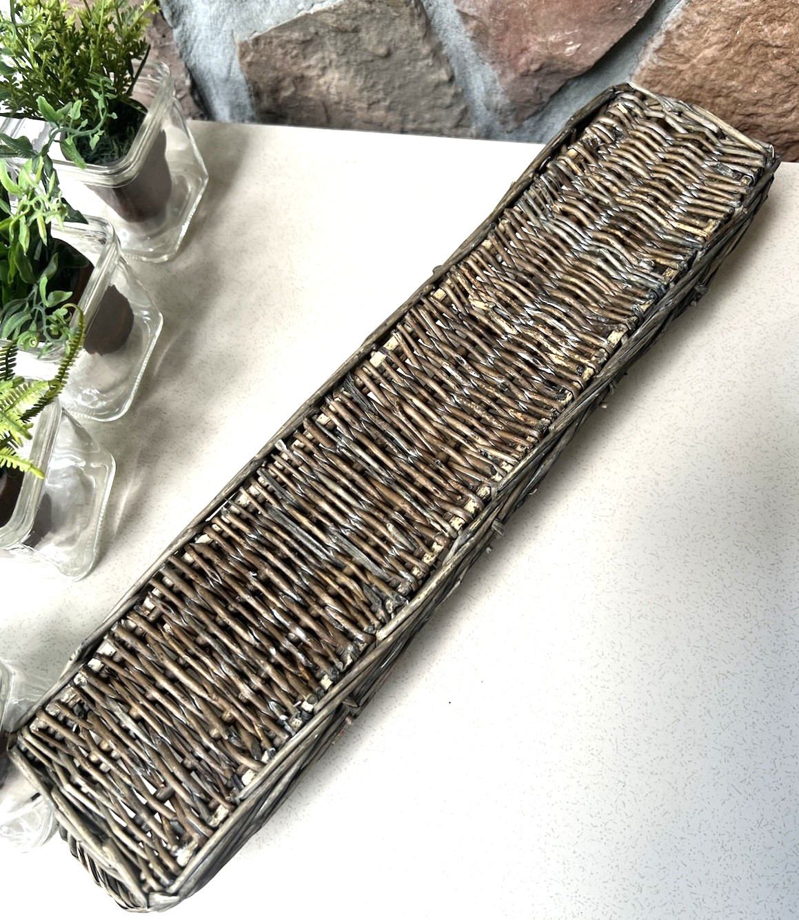 Tabletop Garden Mini Faux Fern Clay Pots With Rattan Wicker Tray & 5 Glass Vases
