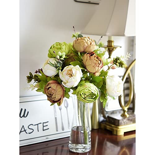 Vintage Artificial Peonies Silk Peony Country Rustic (Beige, Green & Brown)
