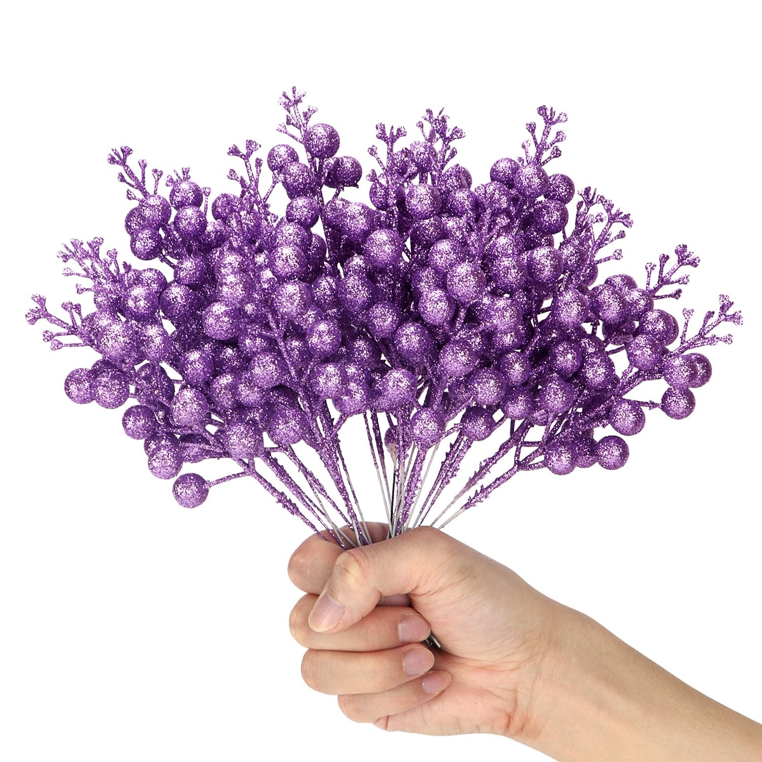 Artificial Purple Stems, 24 Pack 8.7″ Christmas Glitter Berries Stems Artific…