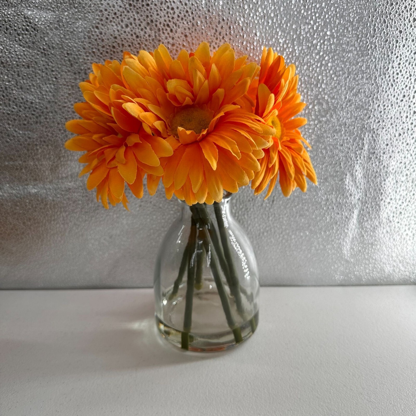 Artificial Orange Gerbera Daisy Bouquet Clear Glass Vase Centerpiece Fall Faux b