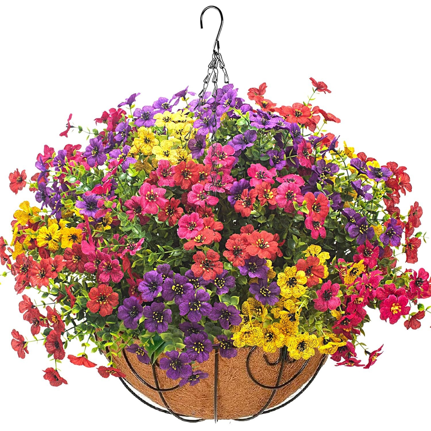 Colorful Silk Daisies & Eucalyptus Hanging Basket – UV Resistant Outdoor Decor