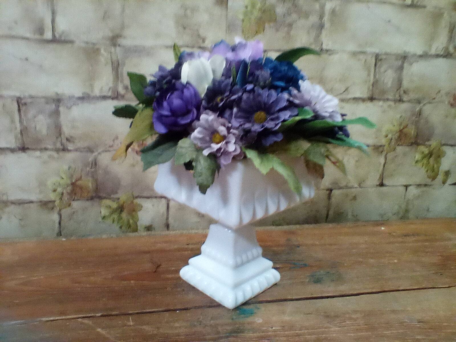 Blue Flower Arrangement in Vintage Milk Glass Pedestal Bowl 12″ Tall by 10″ Wide