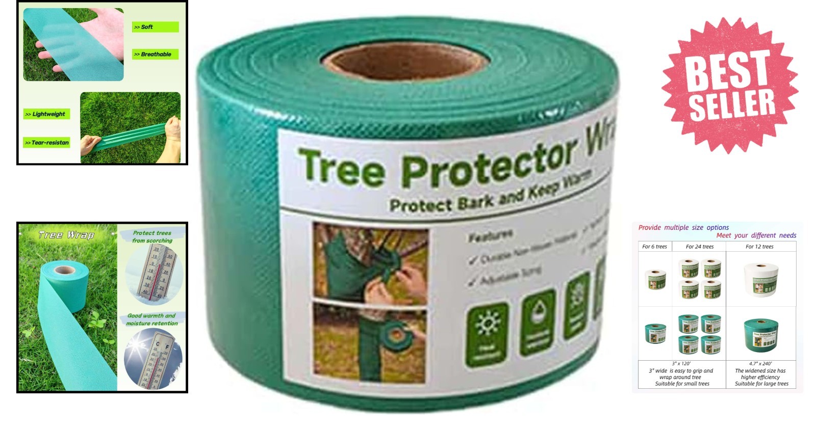 3″ x 120′ Breathable Tree Wrap for Protecting Young Trees from Weather Damage