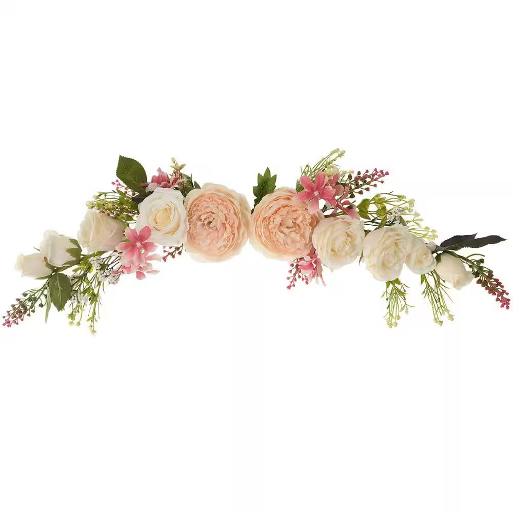 5 In. 25 In. Champagne Peony White Rose Artificial Flower Swag with Green Leaves
