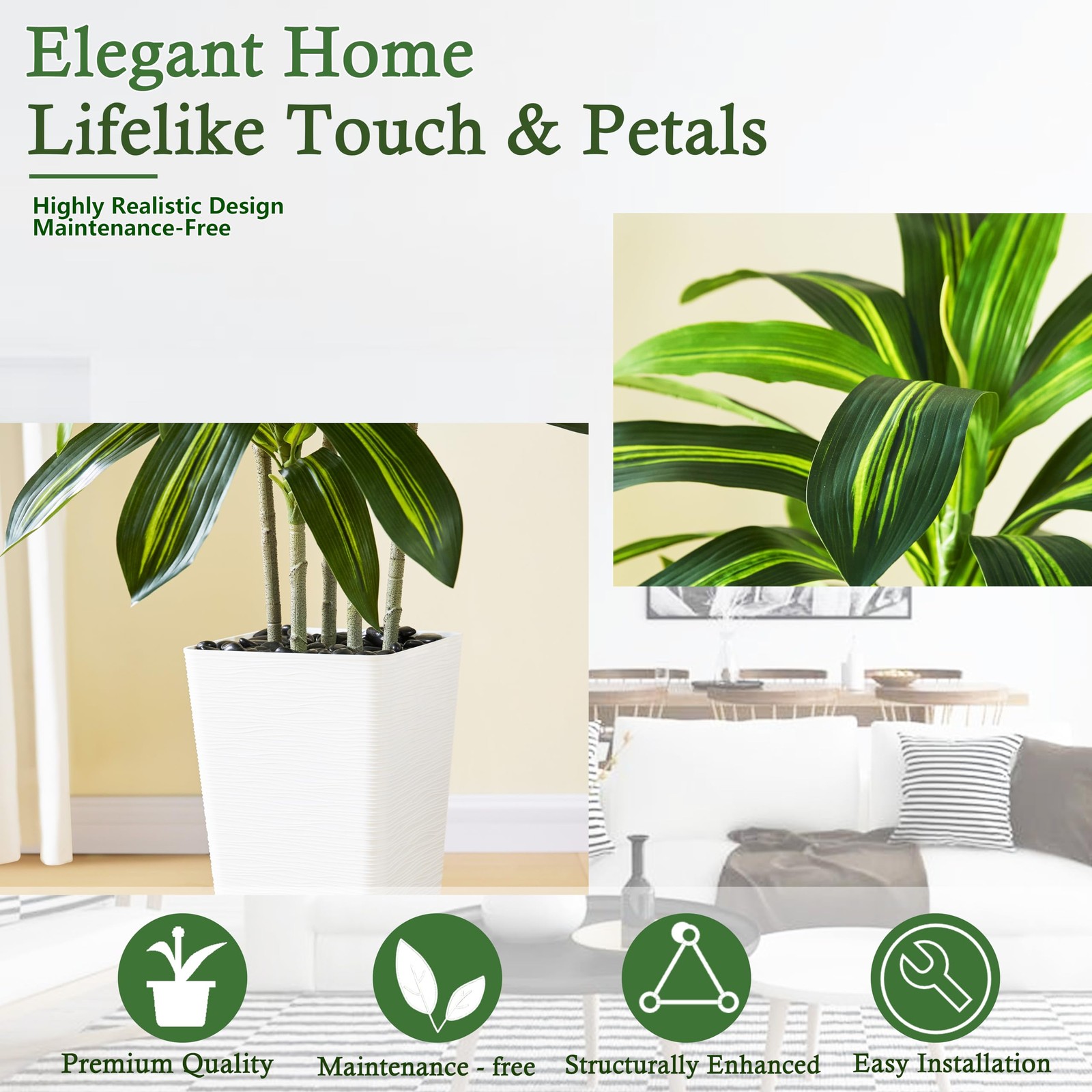 TNGGNT Artificial Dracaena Tree：5FT Faux Silk 5FT, Dark Green – White Pot
