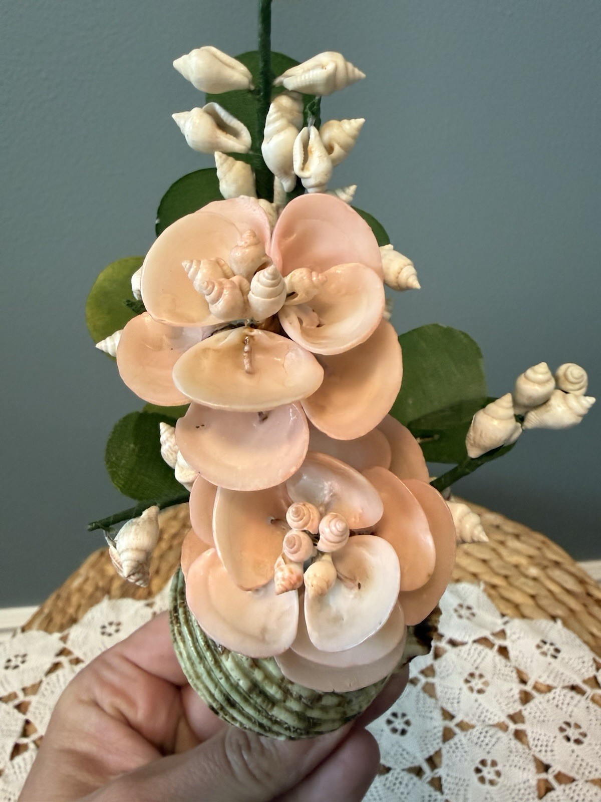 Vintage Pink Seashell Flower Arrangement Shell Art Floral Decor 6” Coastal Beach