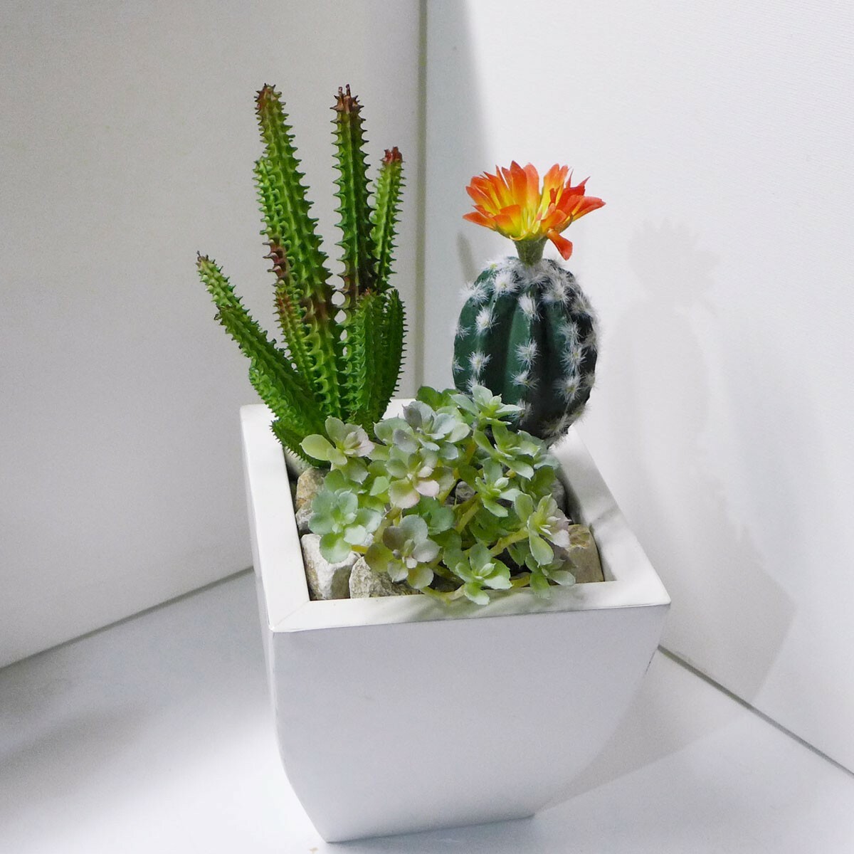 3 Pcs Artificial Plants Mini Cactus Orange Flower Flocking Succulents (#103)