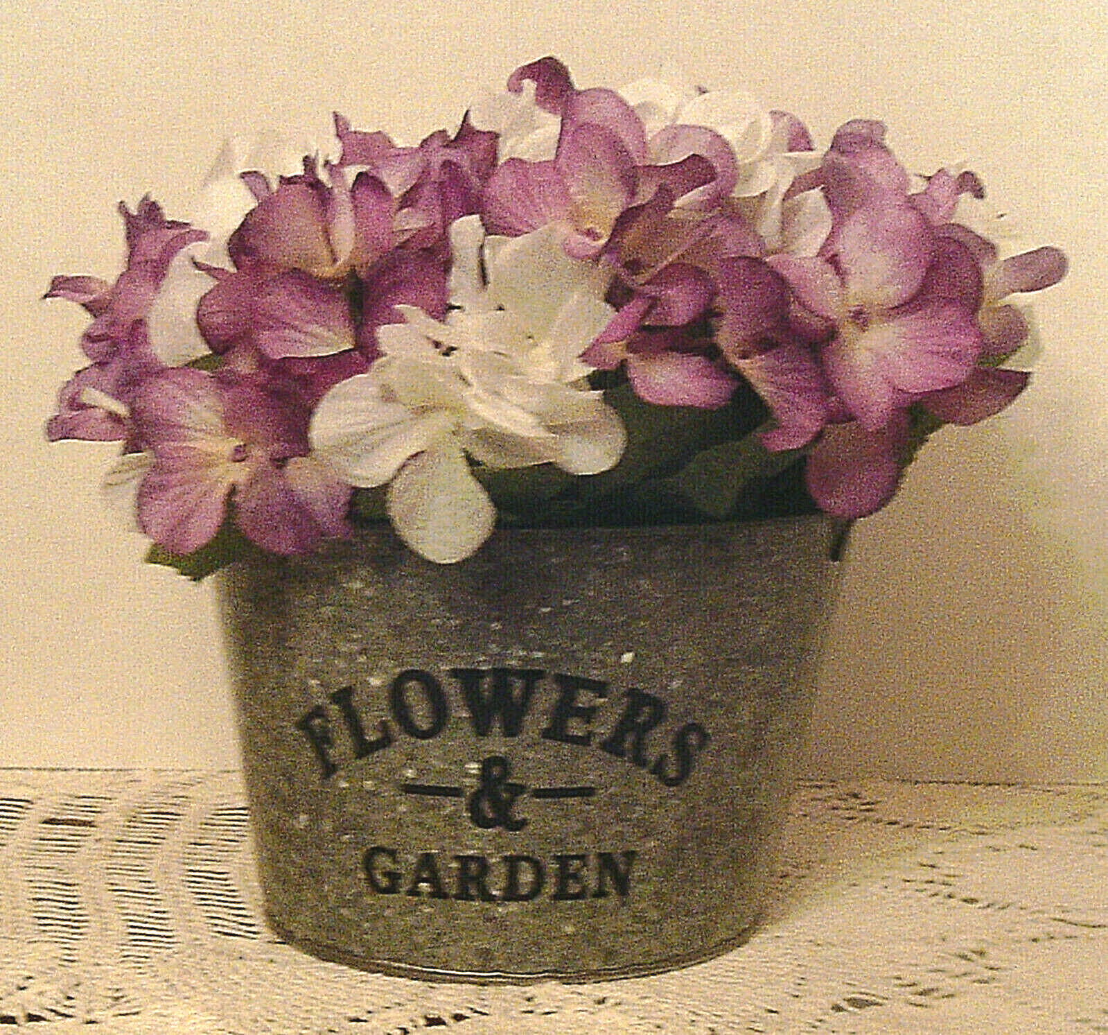Silver Bucket of Purple and White Hydrangeas