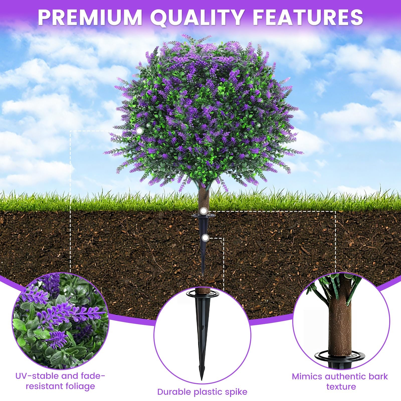 LRTCG Artificial Lavender Topiary Ball Trees, Set of 4 with Ground Spike, UV …