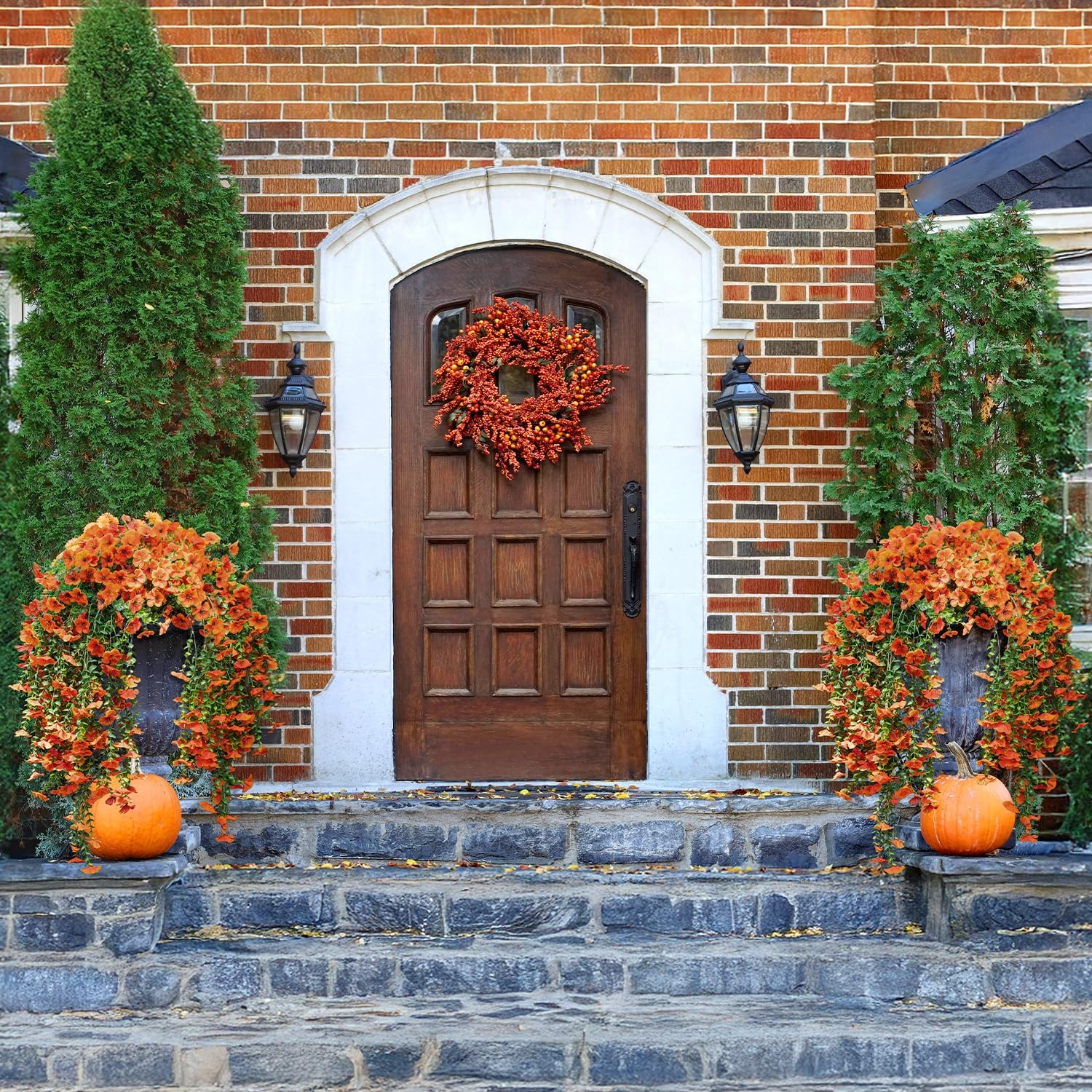 2PCS Artificial Hanging Fall Flowers for Outdoors Decorations, Orange Realist…