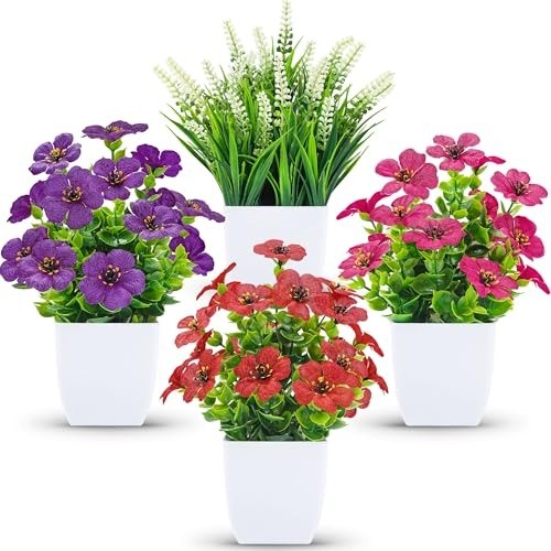 Fake Plants 4 Pack Small Artificial Flowers in White Pots for Desk Bathroom S…