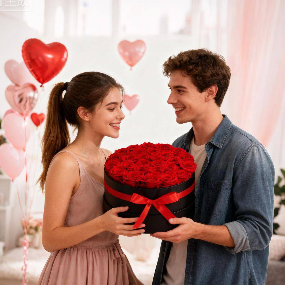 27 Preserved Roses in a Box, 5.51 In. Red Indoor Artificial Rose in Black Basket