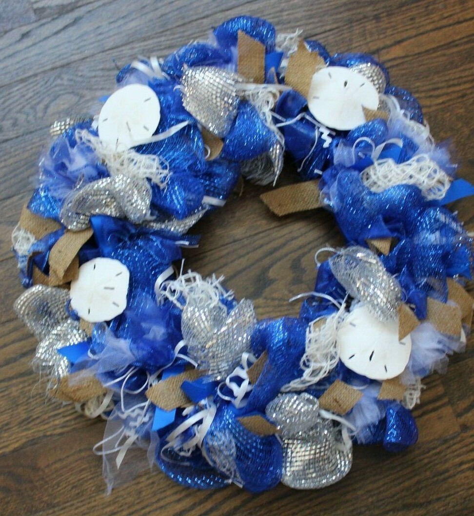 All Occasion Sea Ocean Beach Sand Dollar Door Wreath Blue Silver White 25″ dia