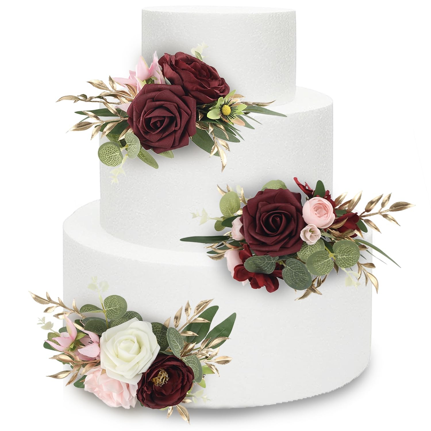 Premade Burgundy Flowers Cake Toppers Wedding Birthday Baby Shower Decor 3 PCS