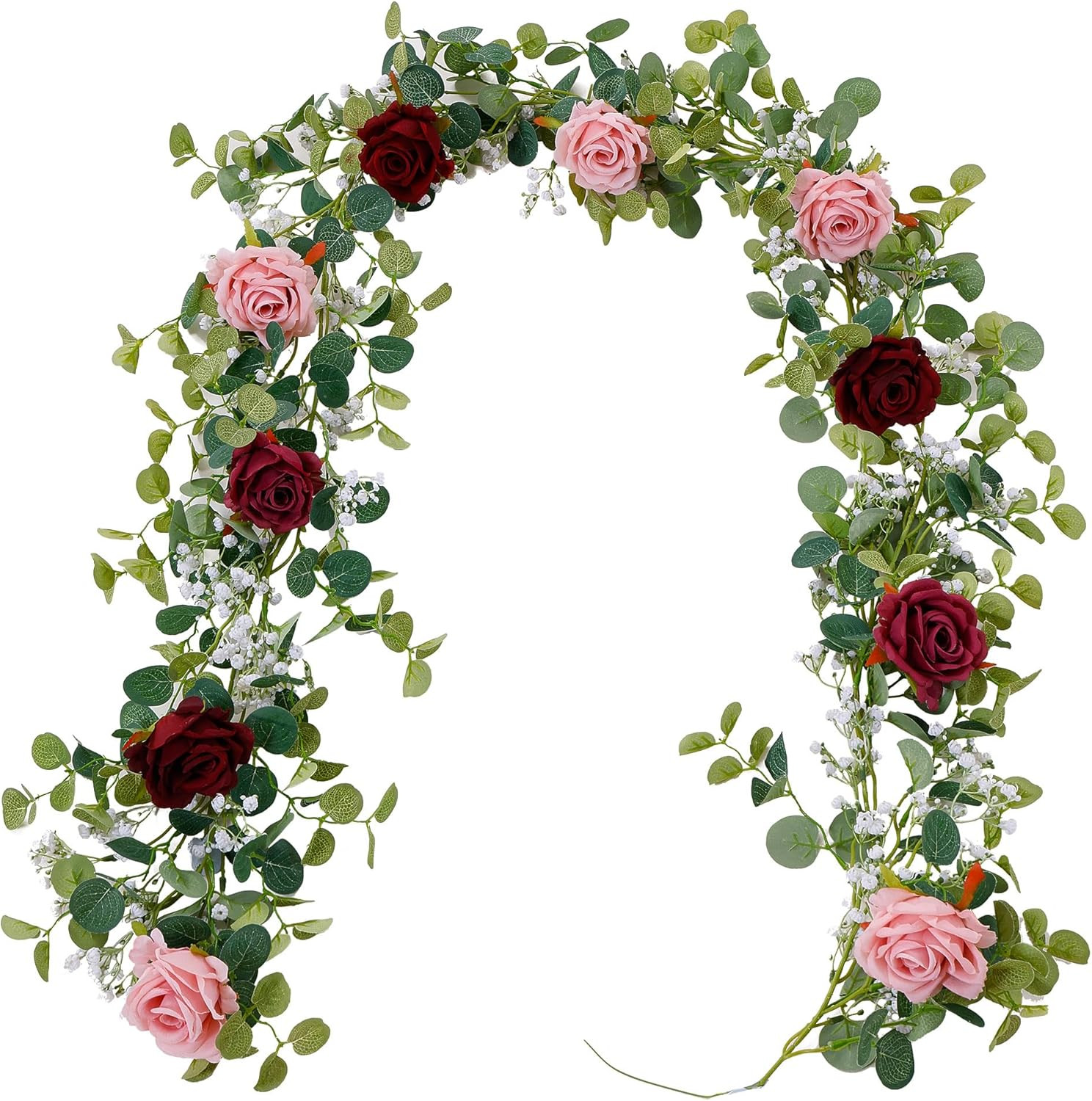 5.91FT Artificial Eucalyptus Garland with Flowers, Fake Flower Rose Gypsophila,