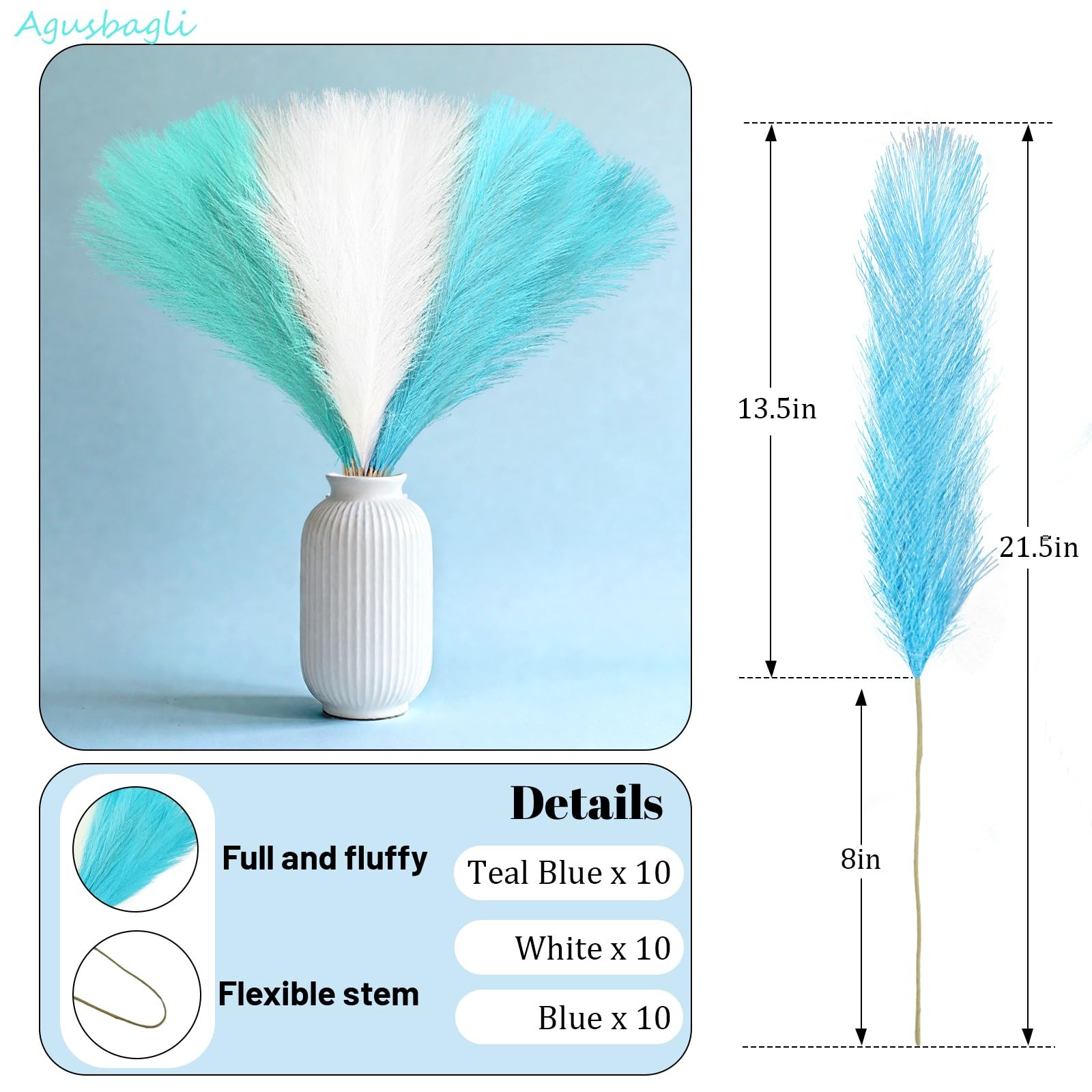 30pcs Light Blue Pampas Grass Decor, 21.5in Fluffy Faux Colored Pampas Grass …