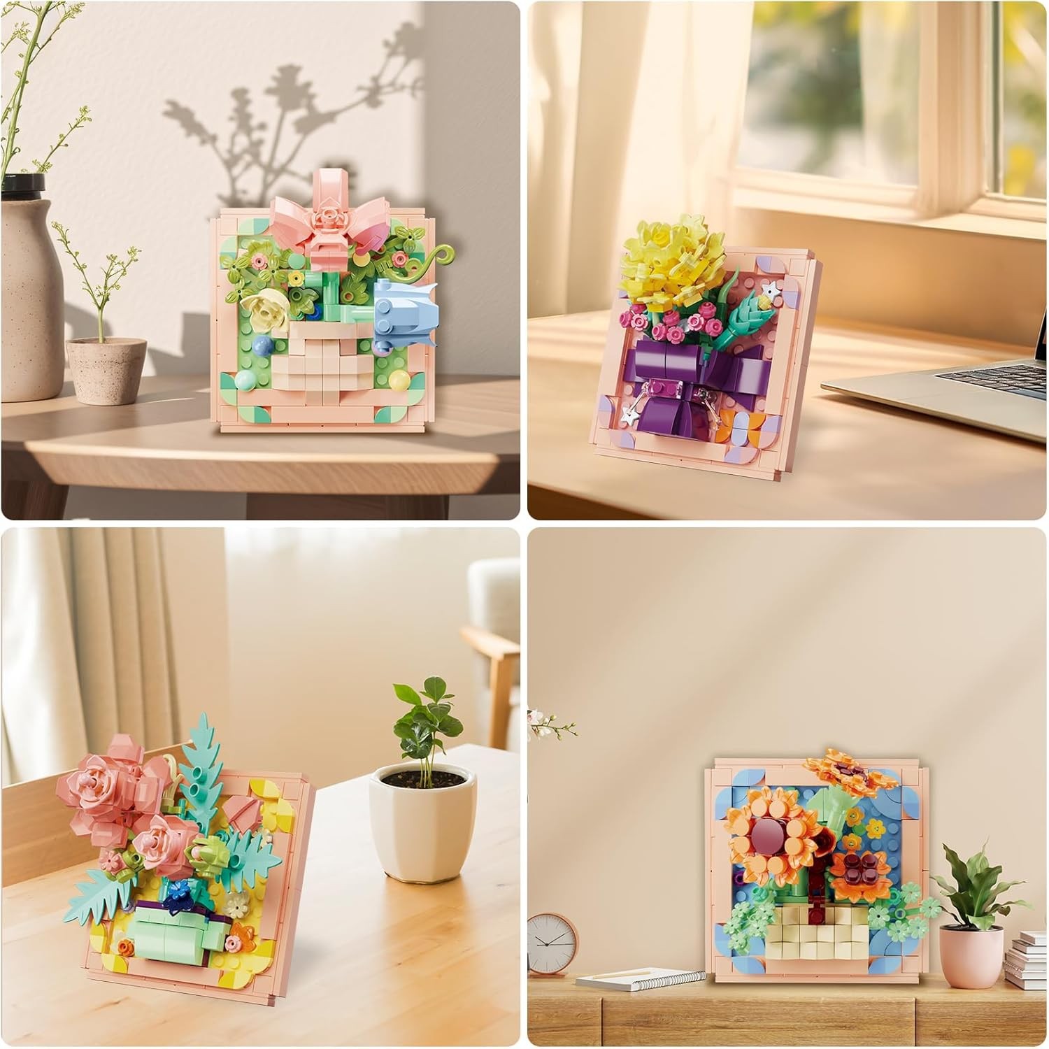 Flowers Building Set for Women – Lego-Compatible 4 in 1 3D Flower Picture Frames