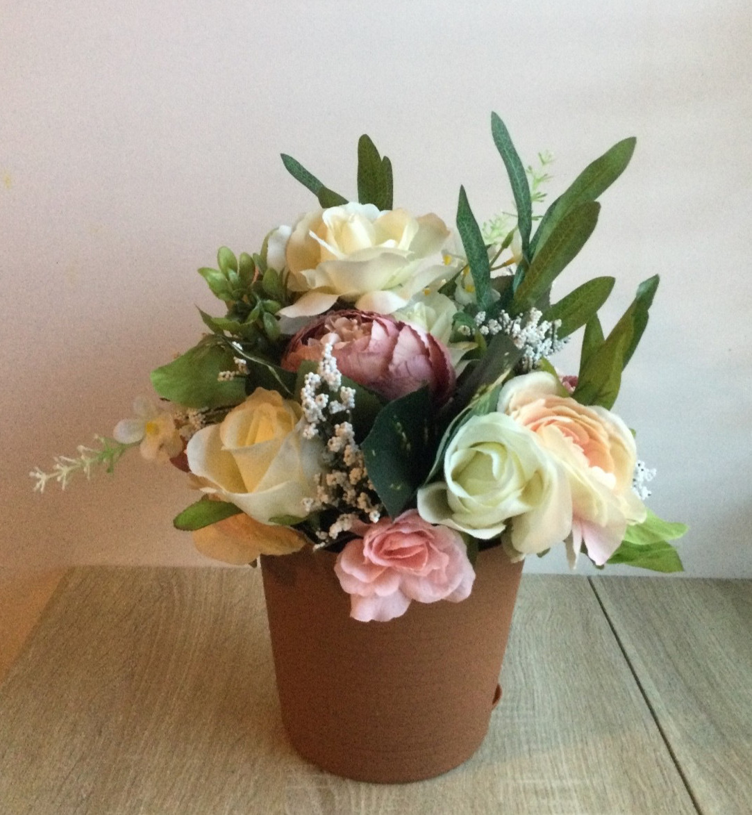 Faux Floral Arrangement in Plastic Pot 14″ Peony Rose Dahlia Pink Peach White