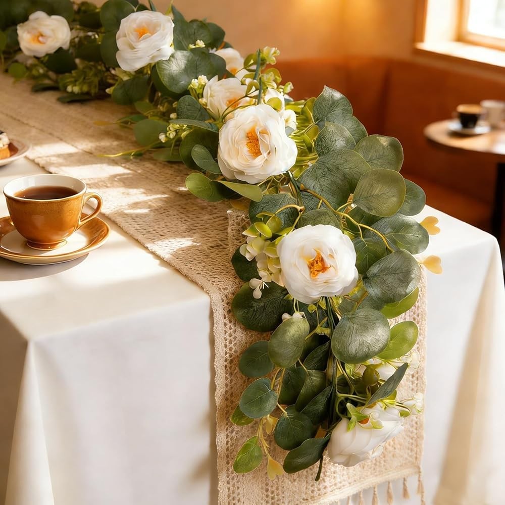 2 Pack Artificial Eucalyptus Garland with White Roses, Total 12FT Flower Gree…