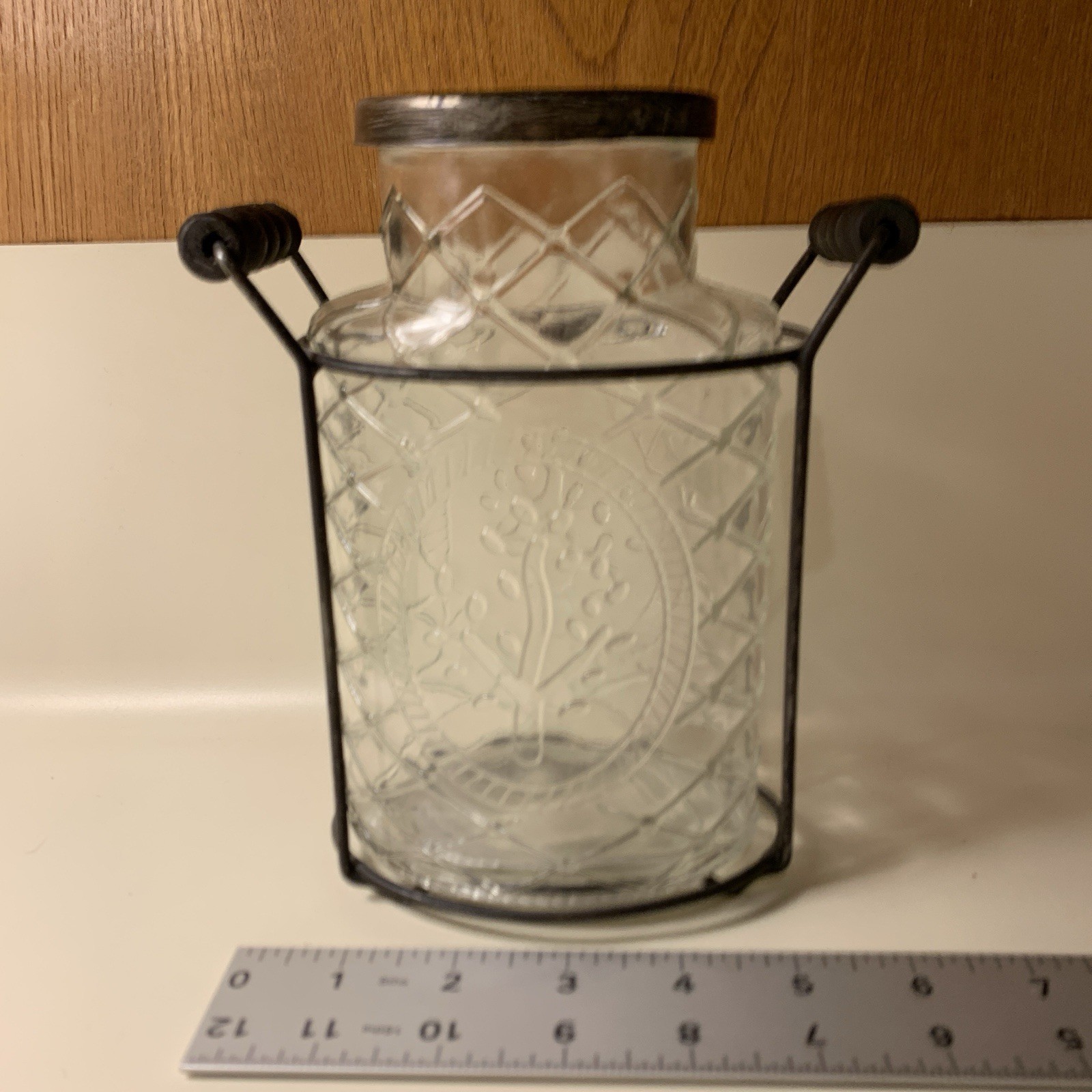 Vtg Tree Embossed Flower Arranging FROG Vase Glass Jar Metal Lid Wood Accent