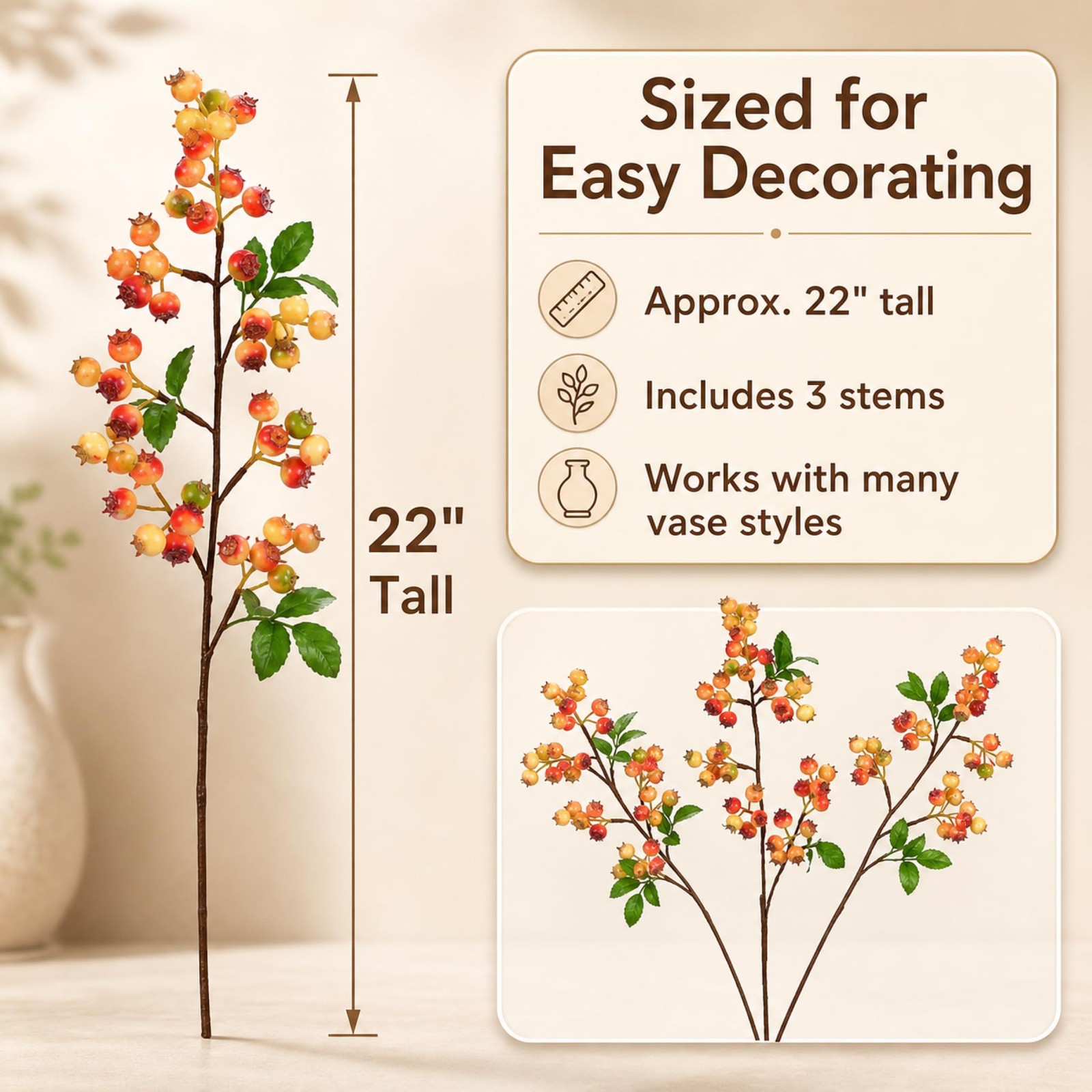Fall Artificial Berries Stems 3Pcs Fake Blueberrys Orange Fruit vase Filler