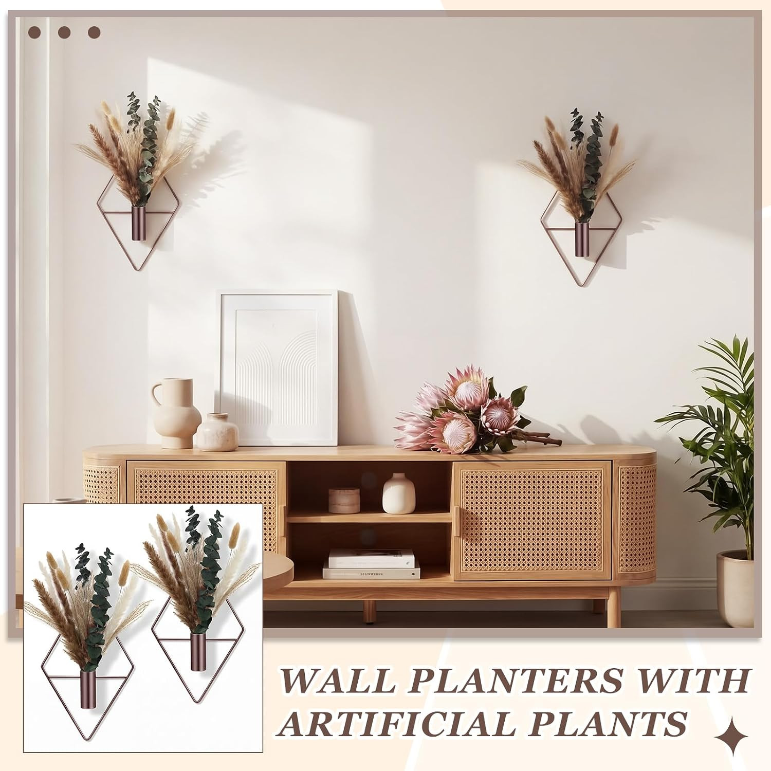 4 Pcs Hanging Planters with Artificial Pampas Metal Hanging Vase Indoor Plants H