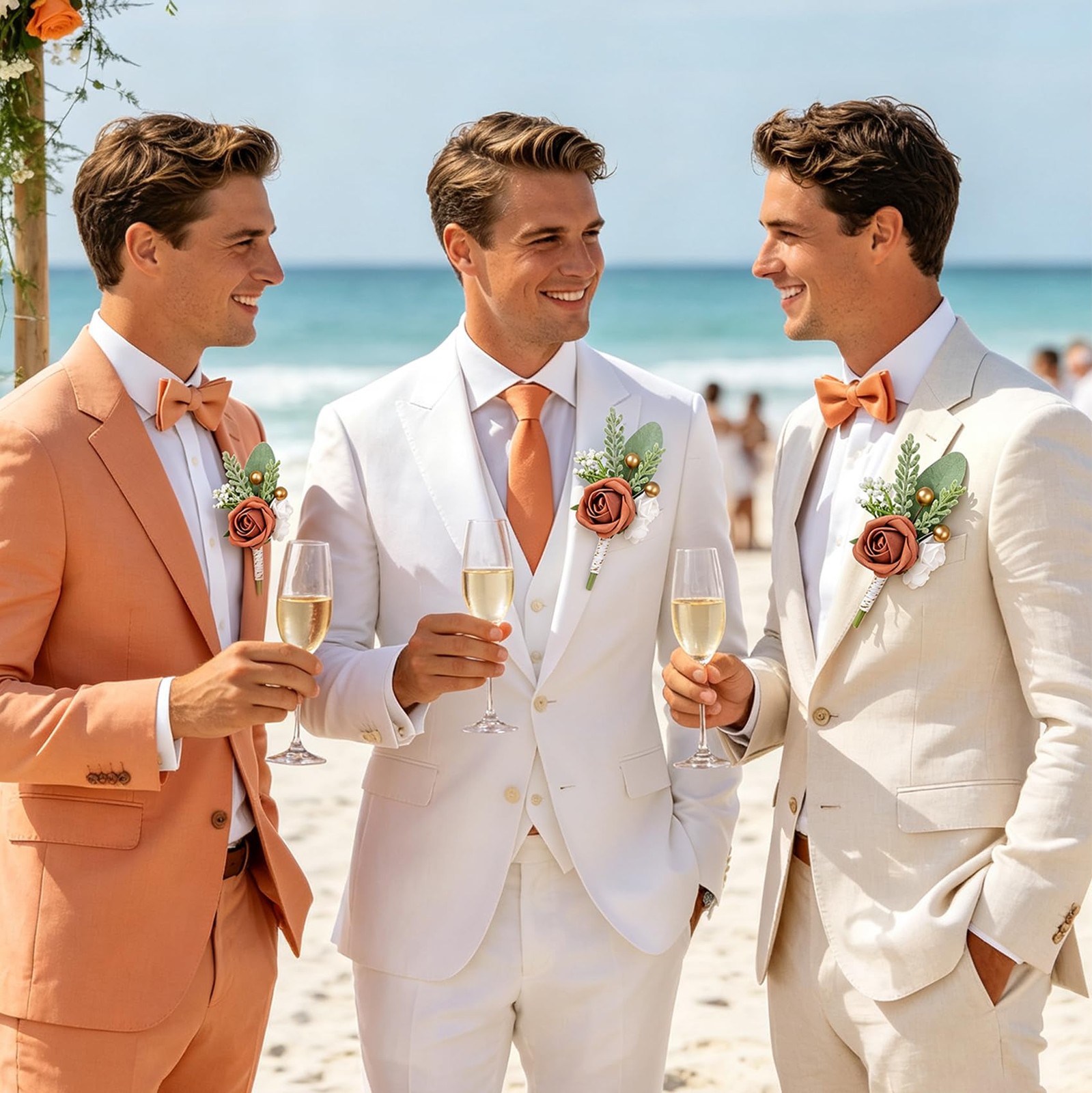 Burnt Orange Faux Foam Rose Boutonnieres for Men Wedding 6Pcs
