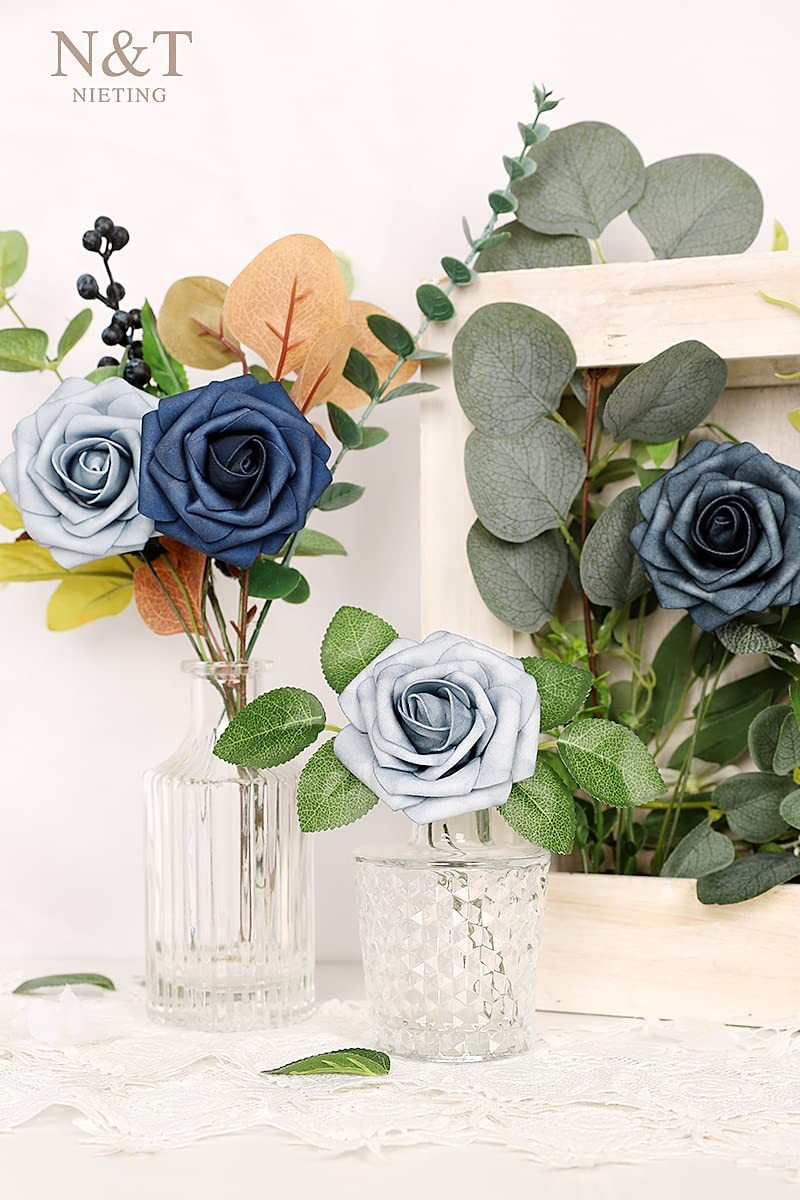 25 PCS Fake Roses Artificial Flowers Dusty Blue Shades Navy Blue Decoration