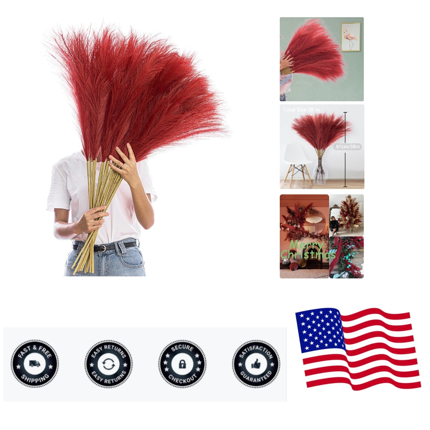 38″ 10 Stems Faux Pampas Grass Tall – Red Tall Pampas Grass Decor Pompas Flor…
