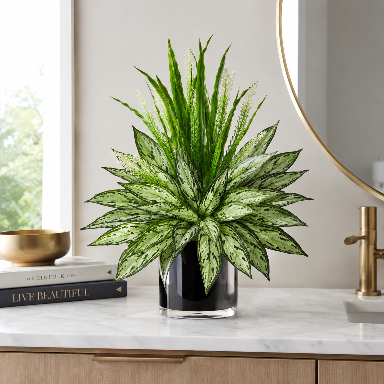 20″ Silver Queen and Grass Artificial Plant in Black Vase