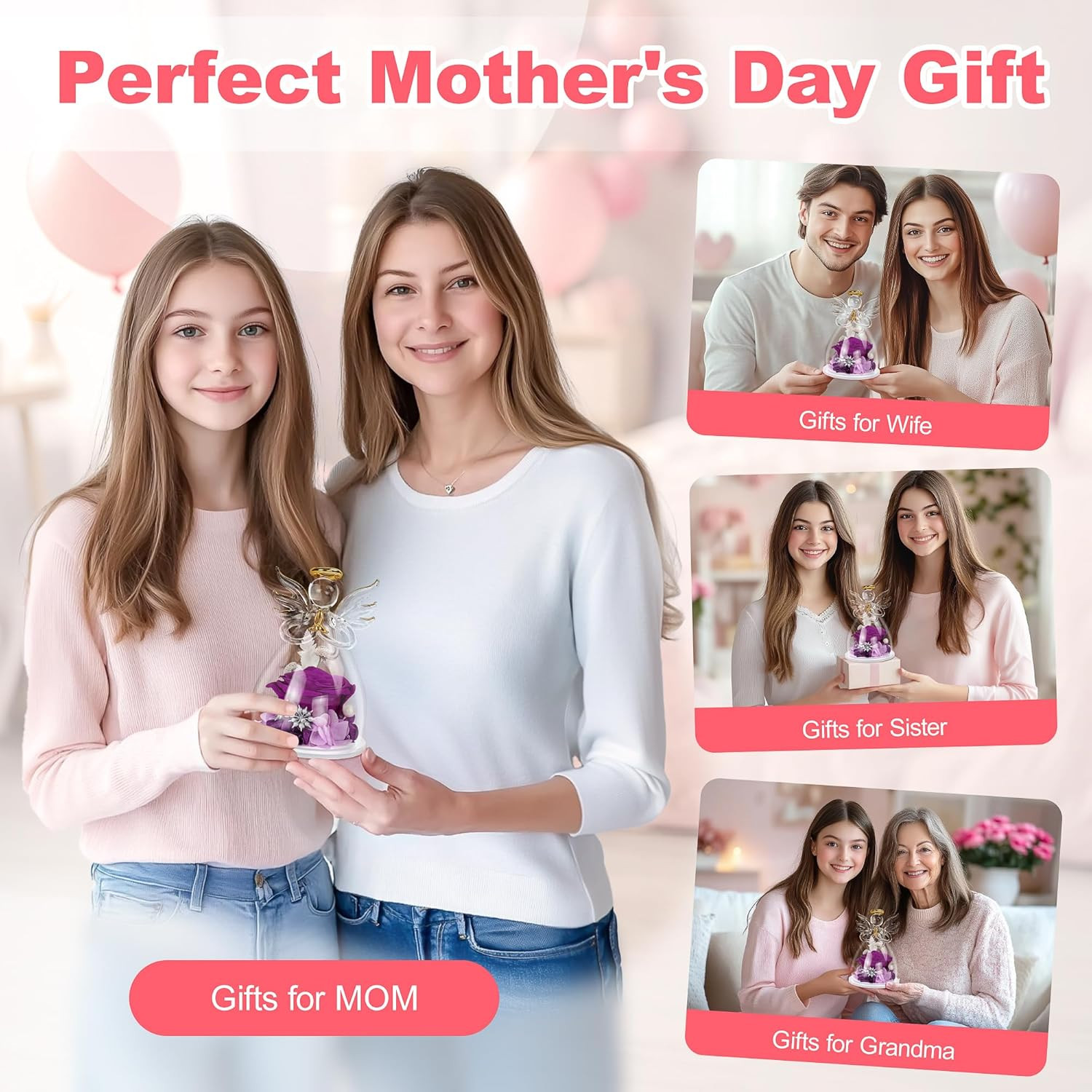 Mothers Day Mom Gifts for Her,Preserved Flowers Rose in Glass Angel Figurines,Bi