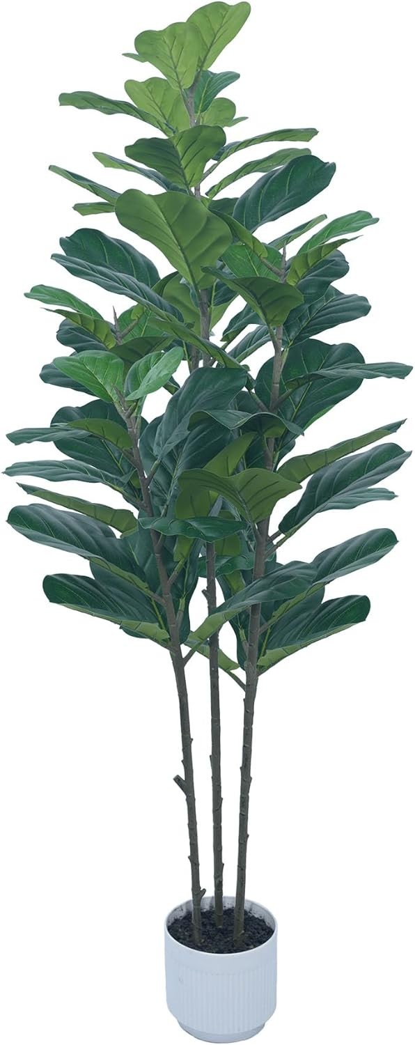 5FT Artificial Fiddle Tree Large Faux Ficus Tree W/White Planter Artificial Moss