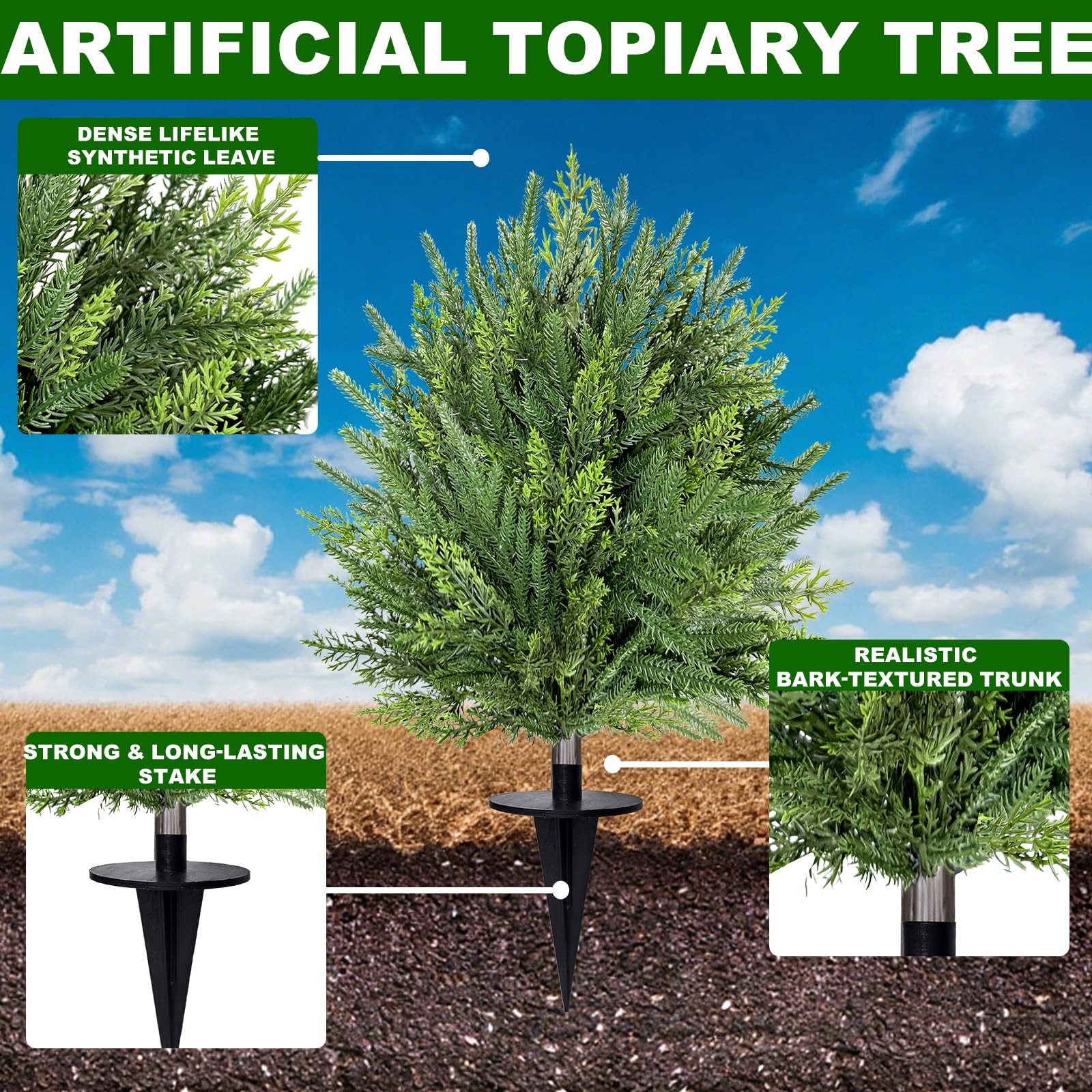 2 Pack Artificial Cypress Topiary Ball Trees with Ground Spike, 24″ Norfolk F…