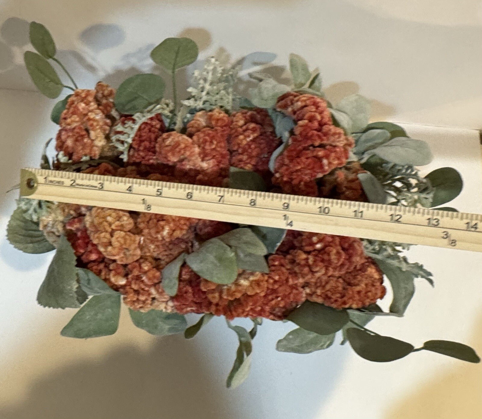 Orange Dried Floral Centerpiece Decor & Faux Green Leaves Metal Base Wooden Box