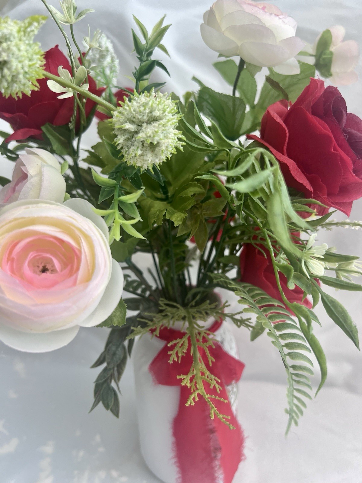 Red And Pink Roses Silk floral Arrangement in A Mason Jar Vase Home Decor