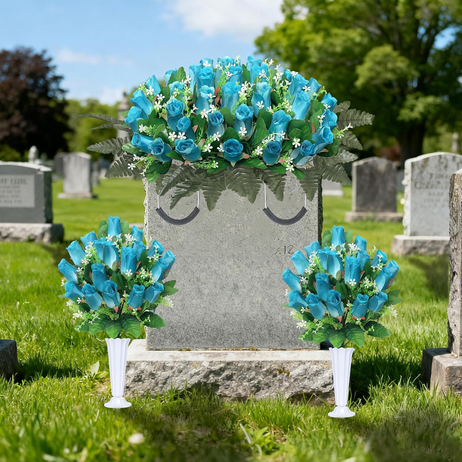 Deep Blue Artificial Cemetery Flowers – 3 Sets for Grave Decoration