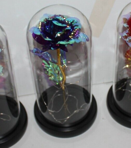 Blue Eternal Rose w LED Lights in Glass Dome Mothers Valentines Anniversary Gift